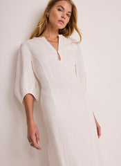 White Linen Puff Sleeve Midi Dress