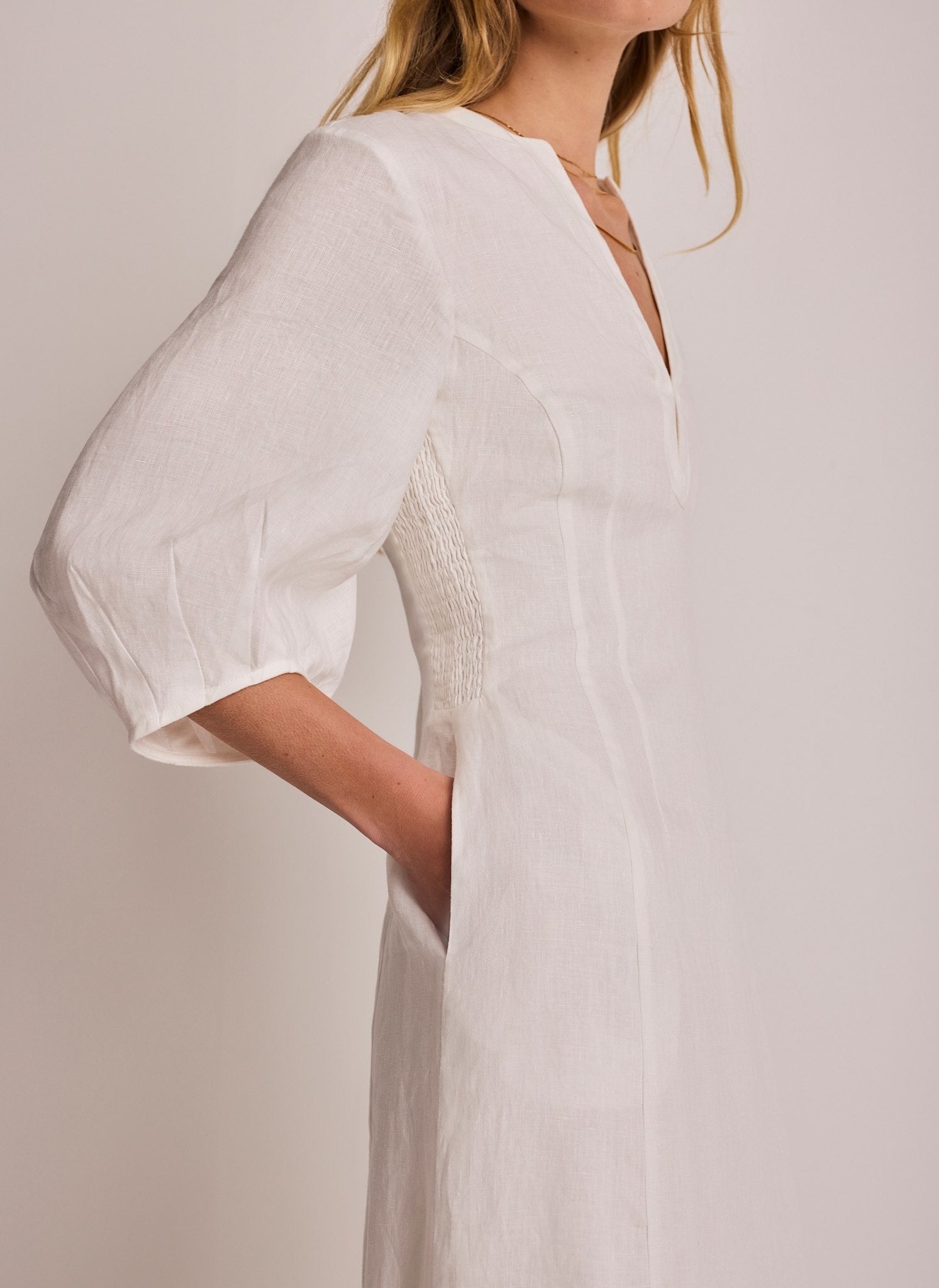 White Linen Puff Sleeve Midi Dress