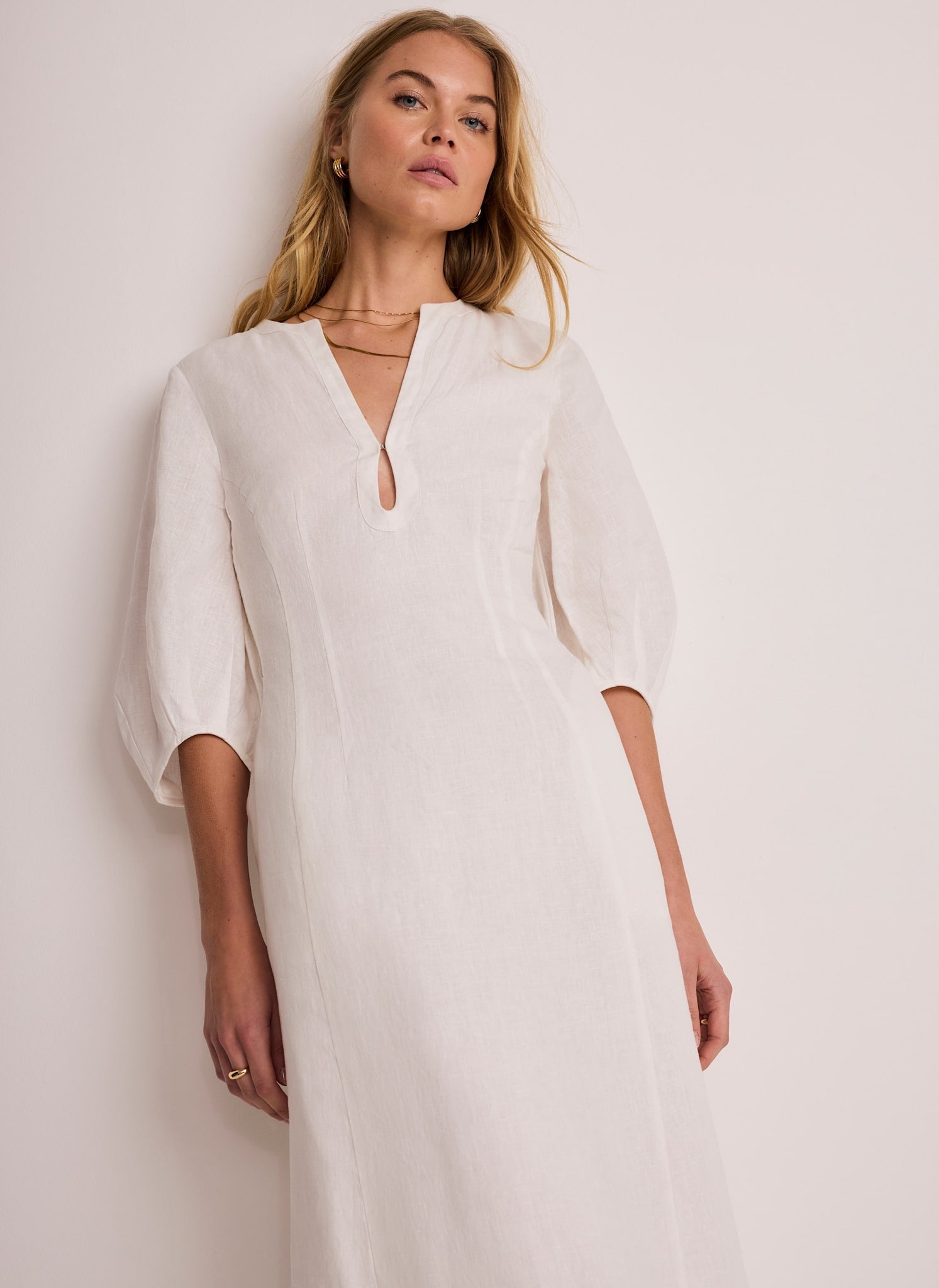 White Linen Puff Sleeve Midi Dress