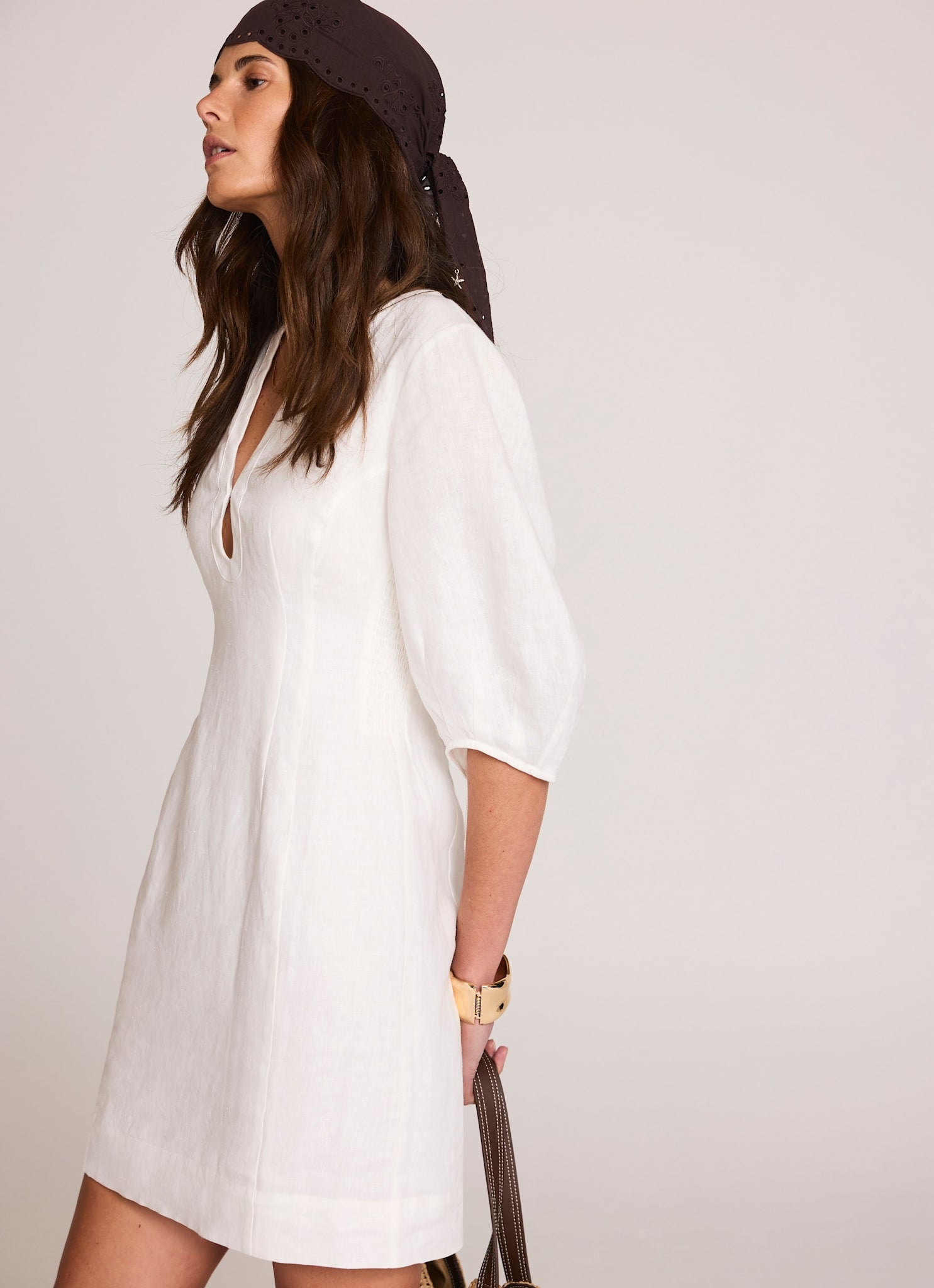White Linen Puff Sleeve Mini Dress