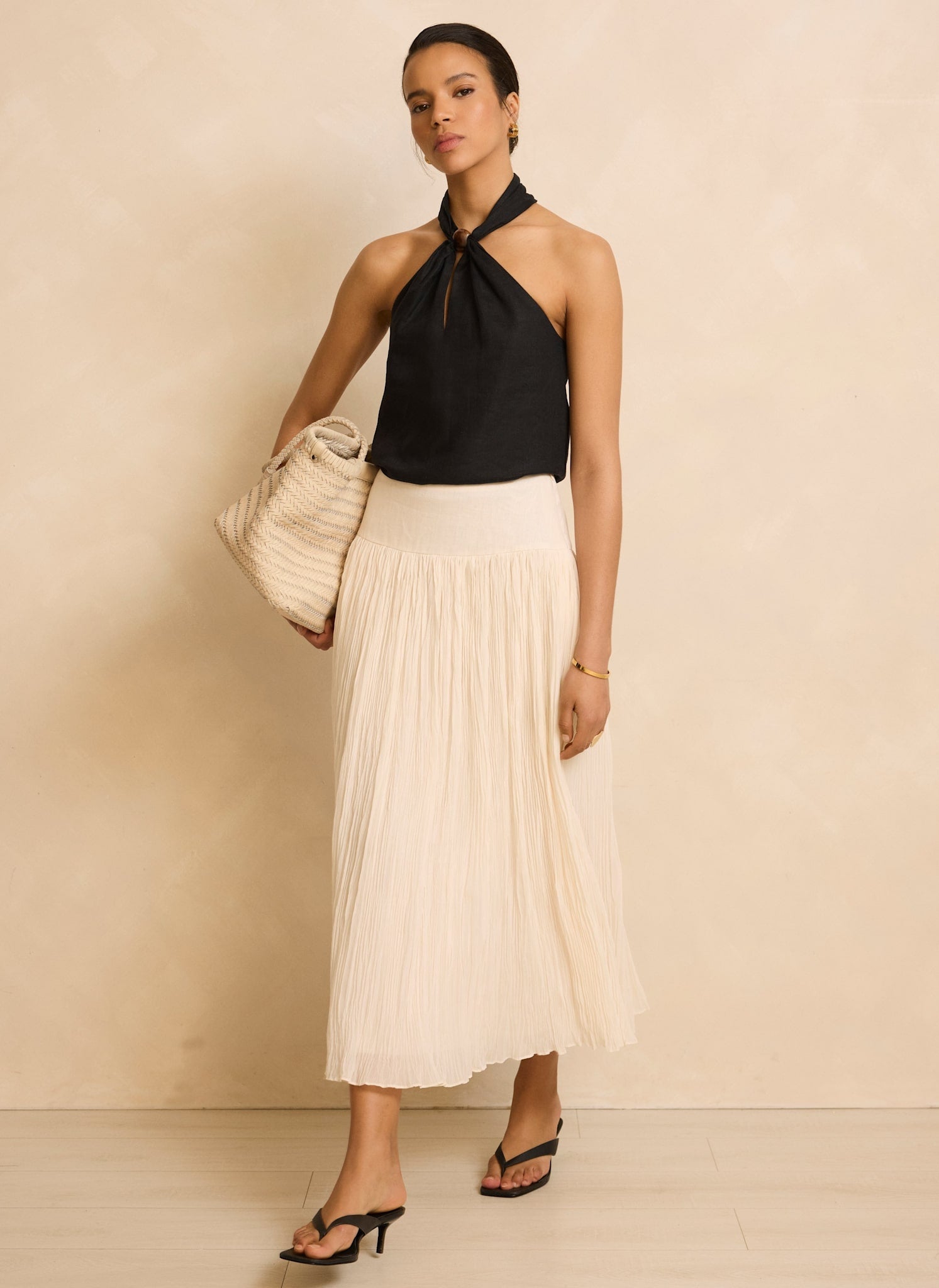 Cream Drop Waist Crinkle Midi Skirt