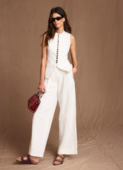 Cream Linen Blend Pleated Wide Leg Trousers