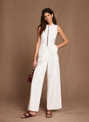Cream Linen Blend Pleated Wide Leg Trousers