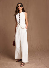 Cream Linen Blend Pleated Wide Leg Trousers