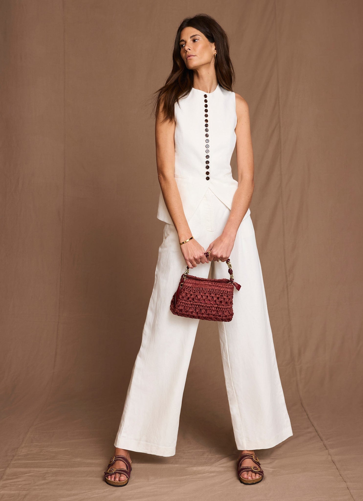 Cream Linen Blend Pleated Wide Leg Trousers