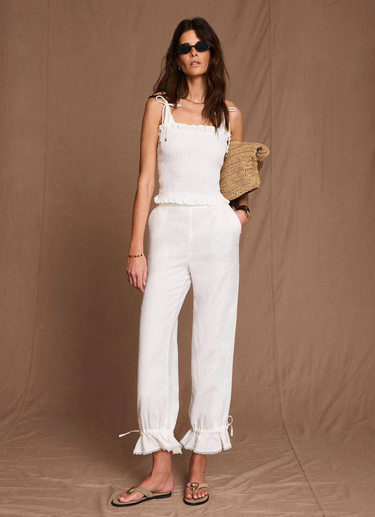 White Linen Ruffle Hem Cropped Trousers