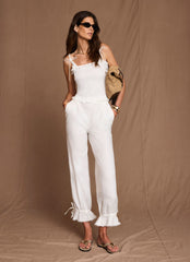 White Linen Ruffle Hem Cropped Trousers