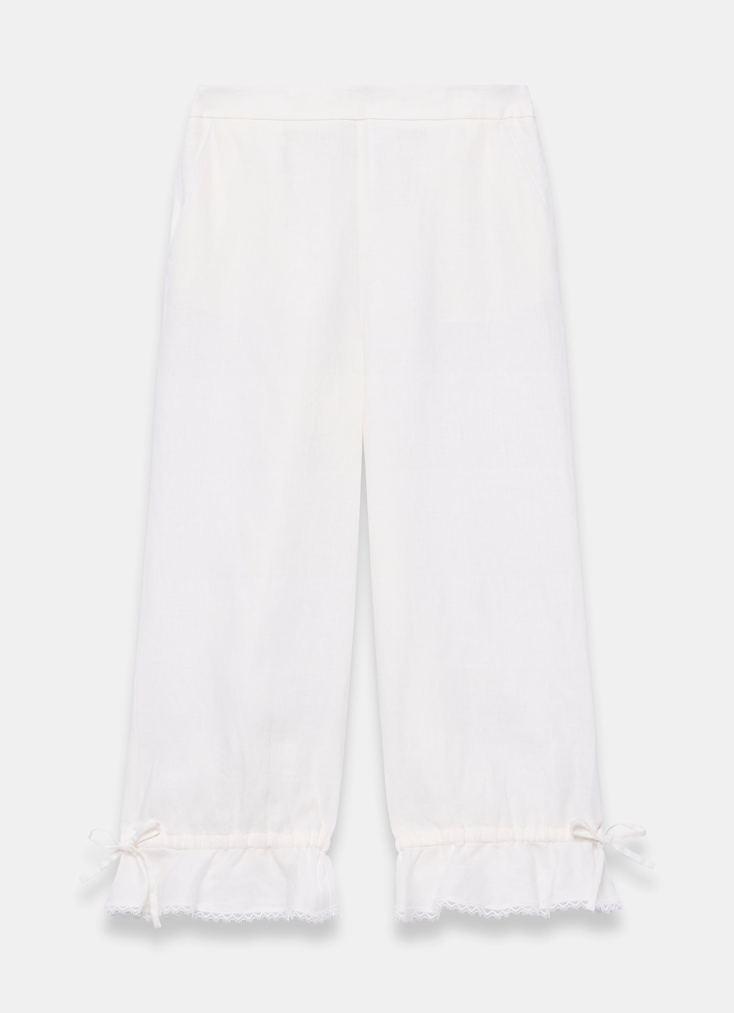 White Linen Ruffle Hem Cropped Trousers