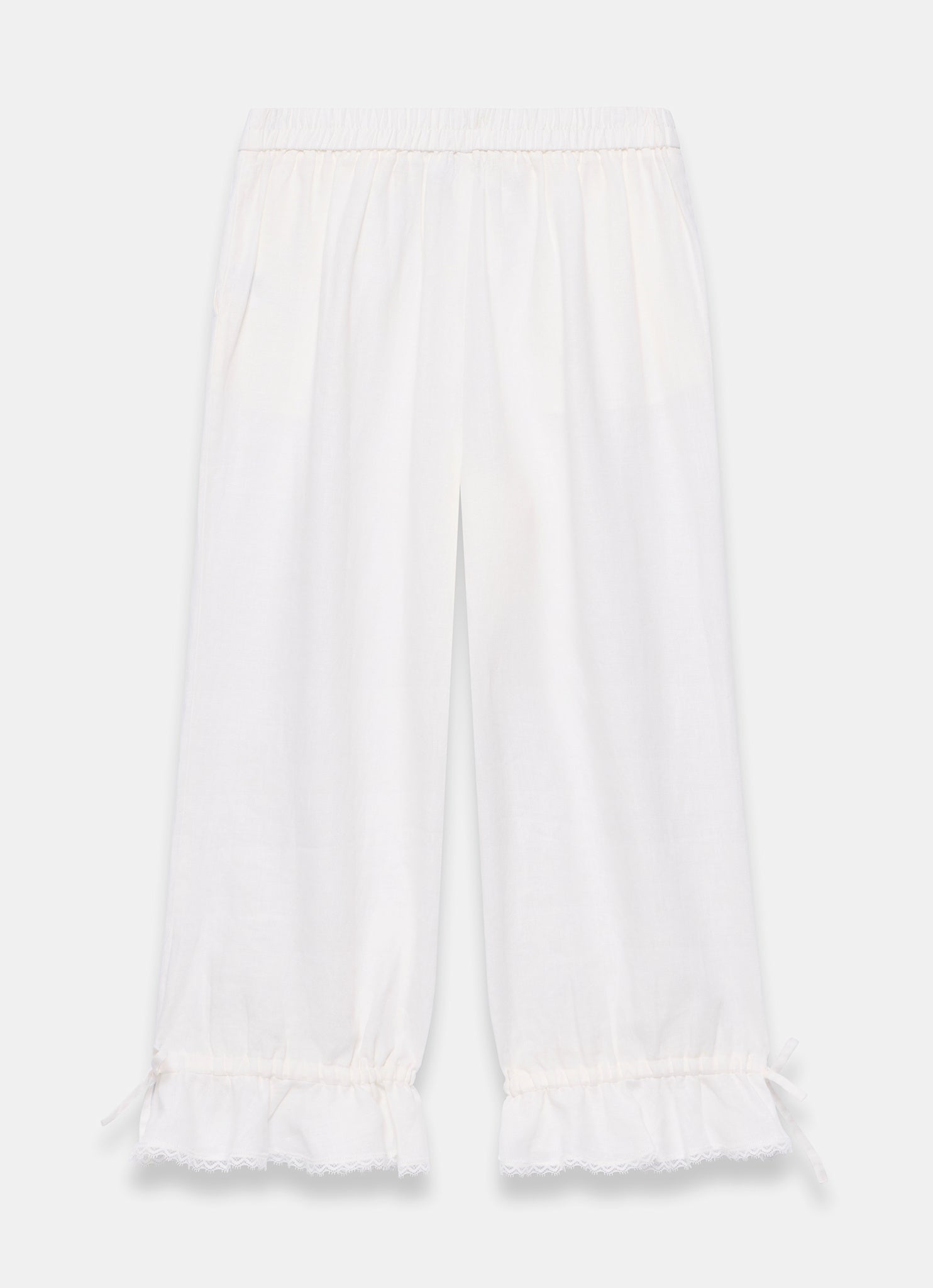 White Linen Ruffle Hem Cropped Trousers