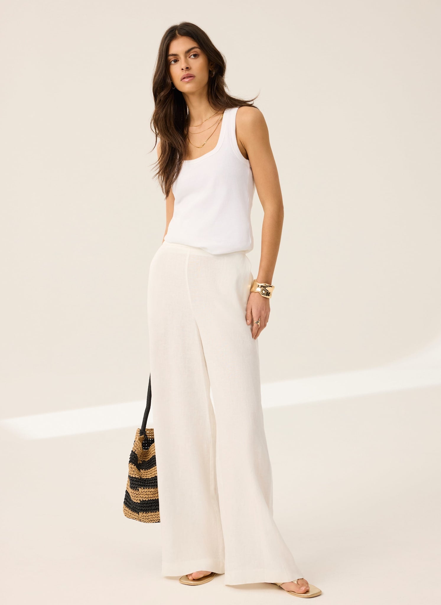 White Linen Scallop Trim Trousers