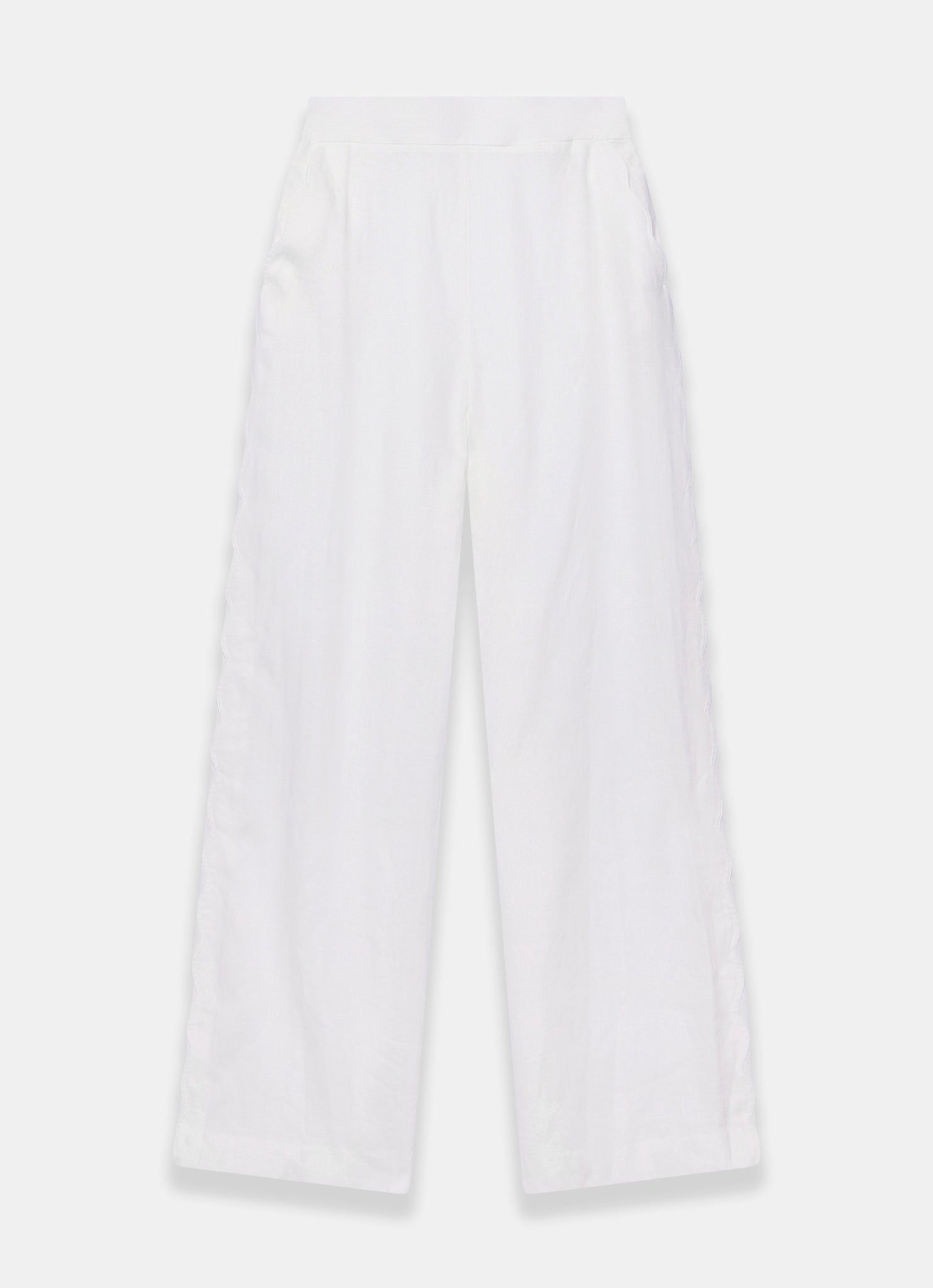 White Linen Scallop Trim Trousers