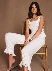 White Linen Shirred Top