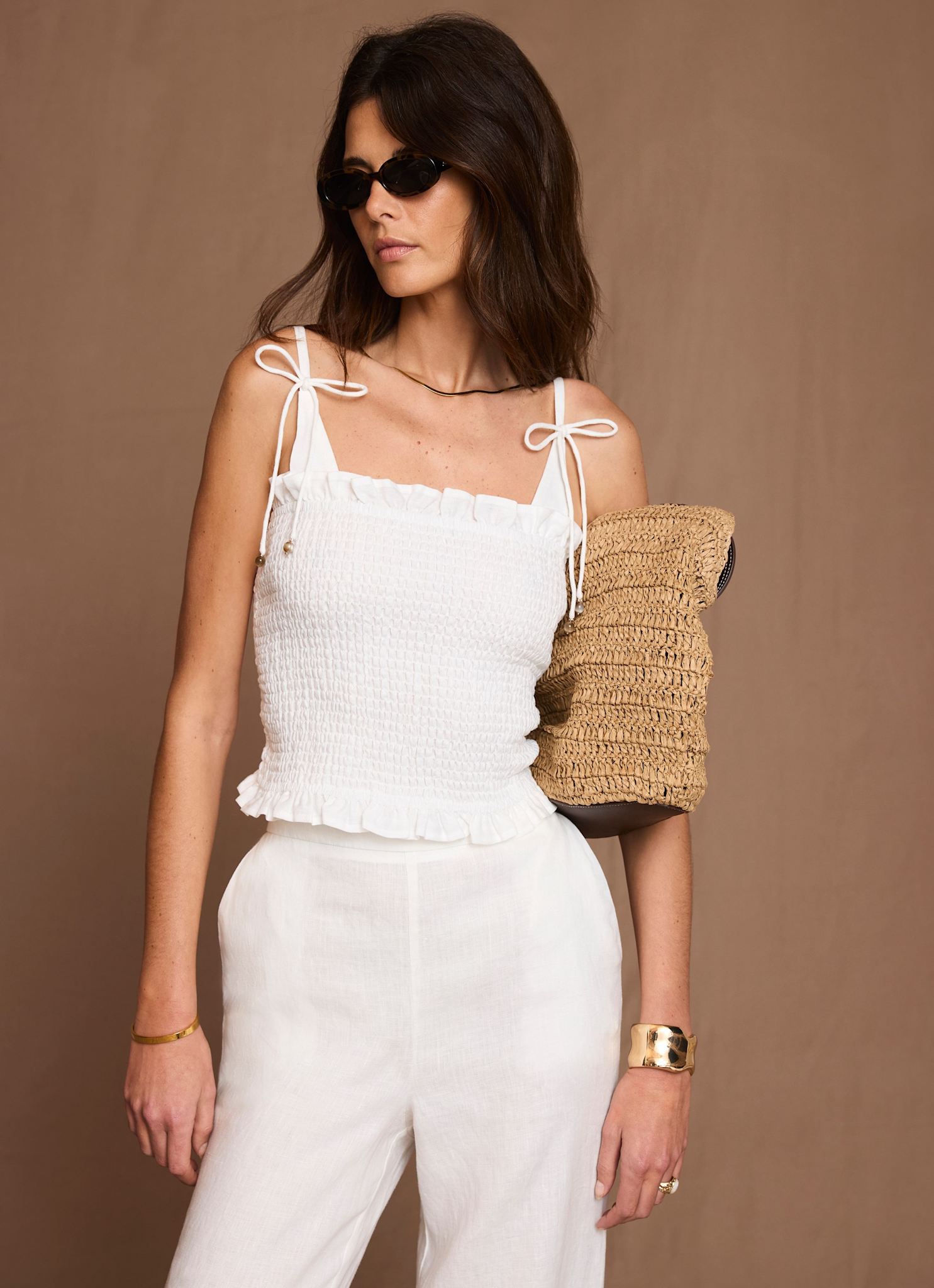 White Linen Shirred Top