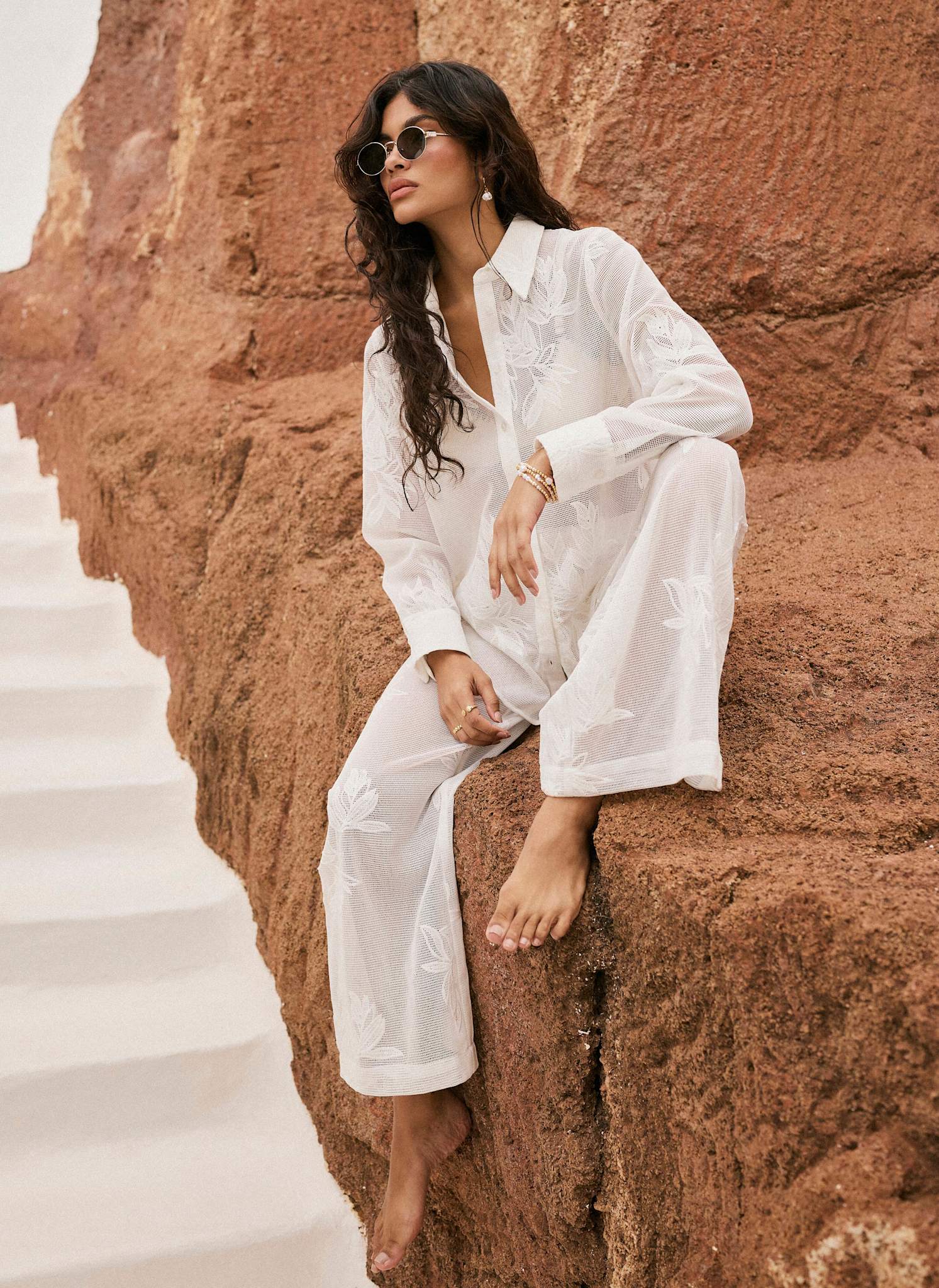 White Floral Detail Mesh Shirt