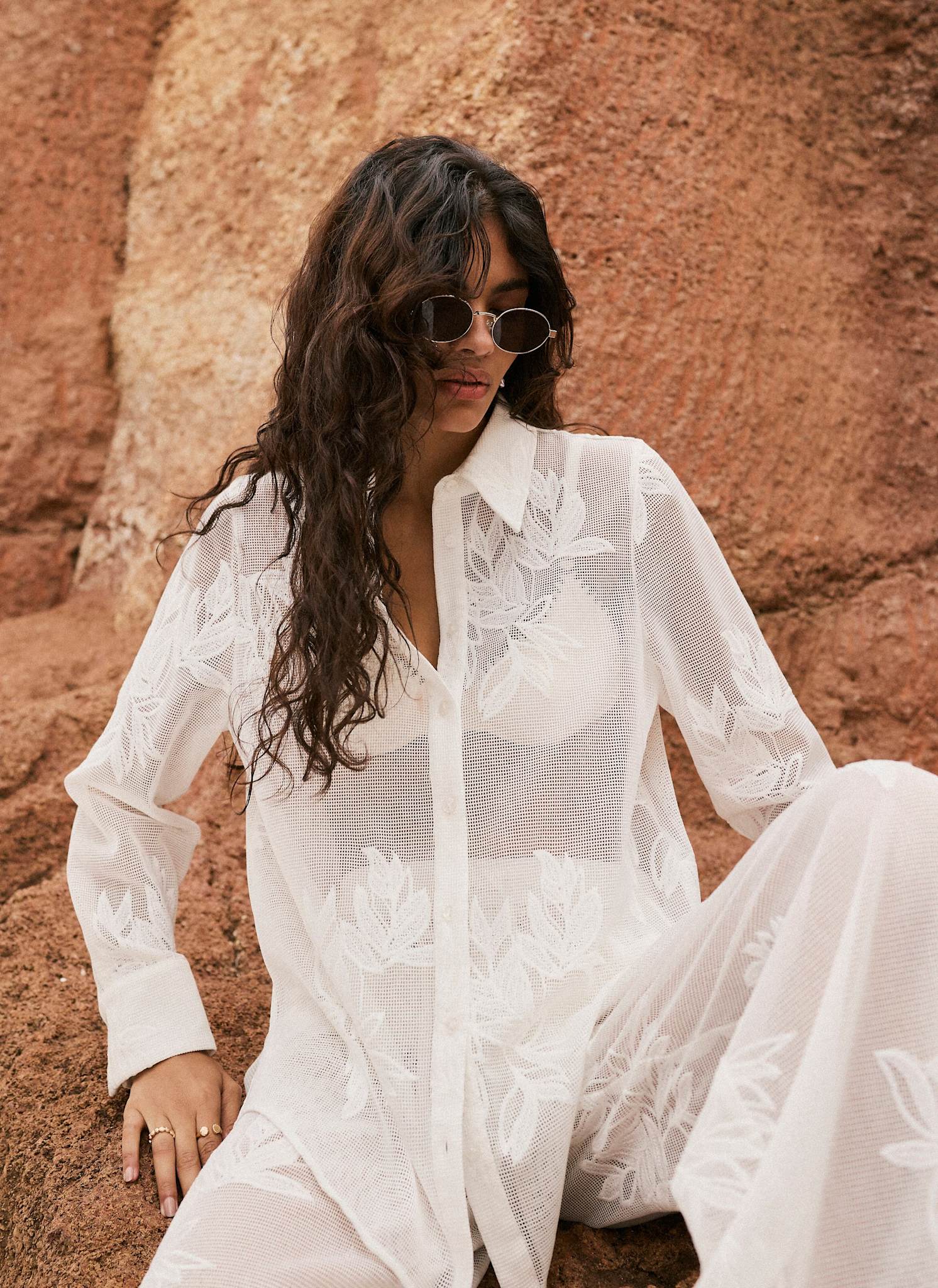 White Floral Detail Mesh Shirt