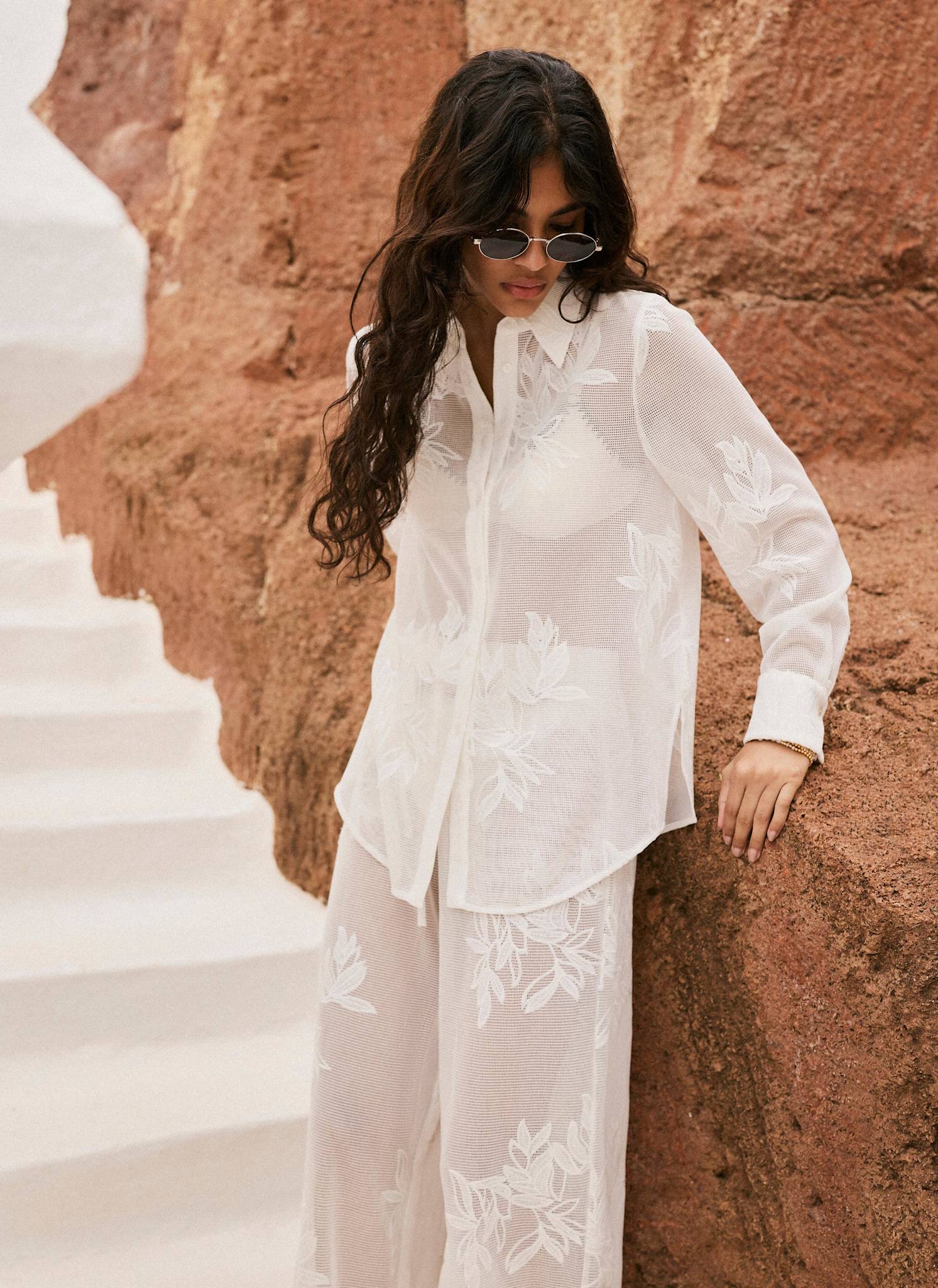 White Floral Detail Mesh Shirt