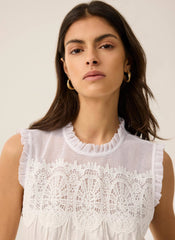 White Cotton Blend Lace Applique Top