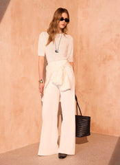 Cream Pintuck Side Trim Trousers