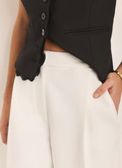 White Pleated Wide Leg Trousers