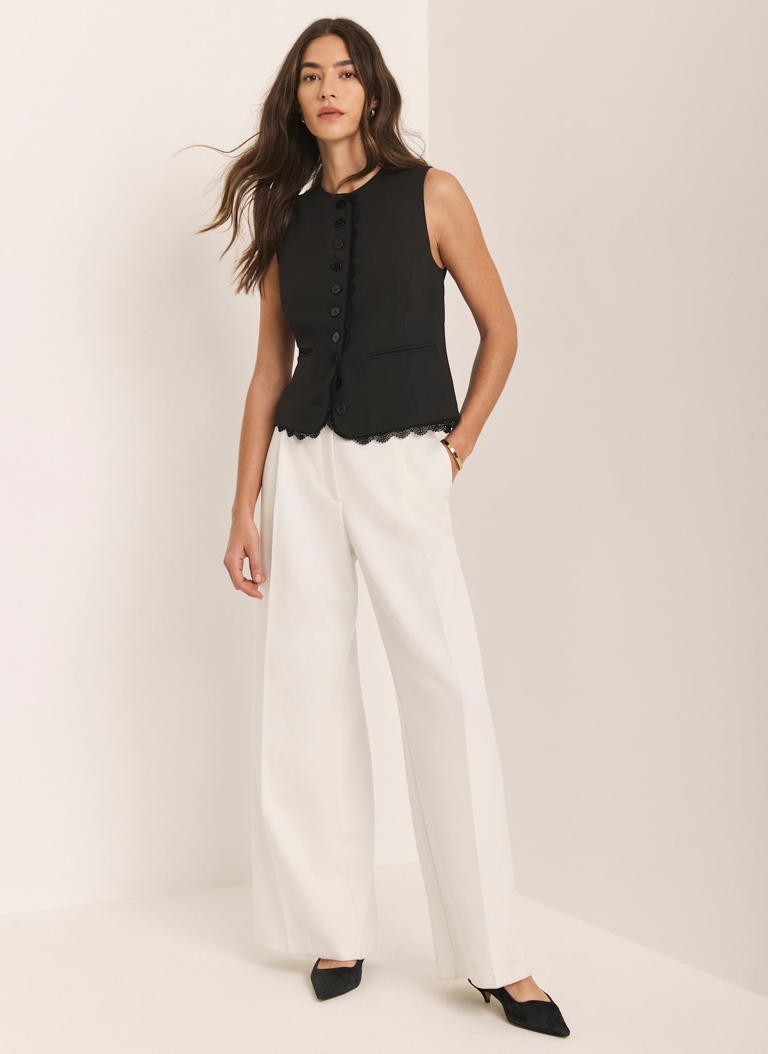 White Pleated Wide Leg Trousers