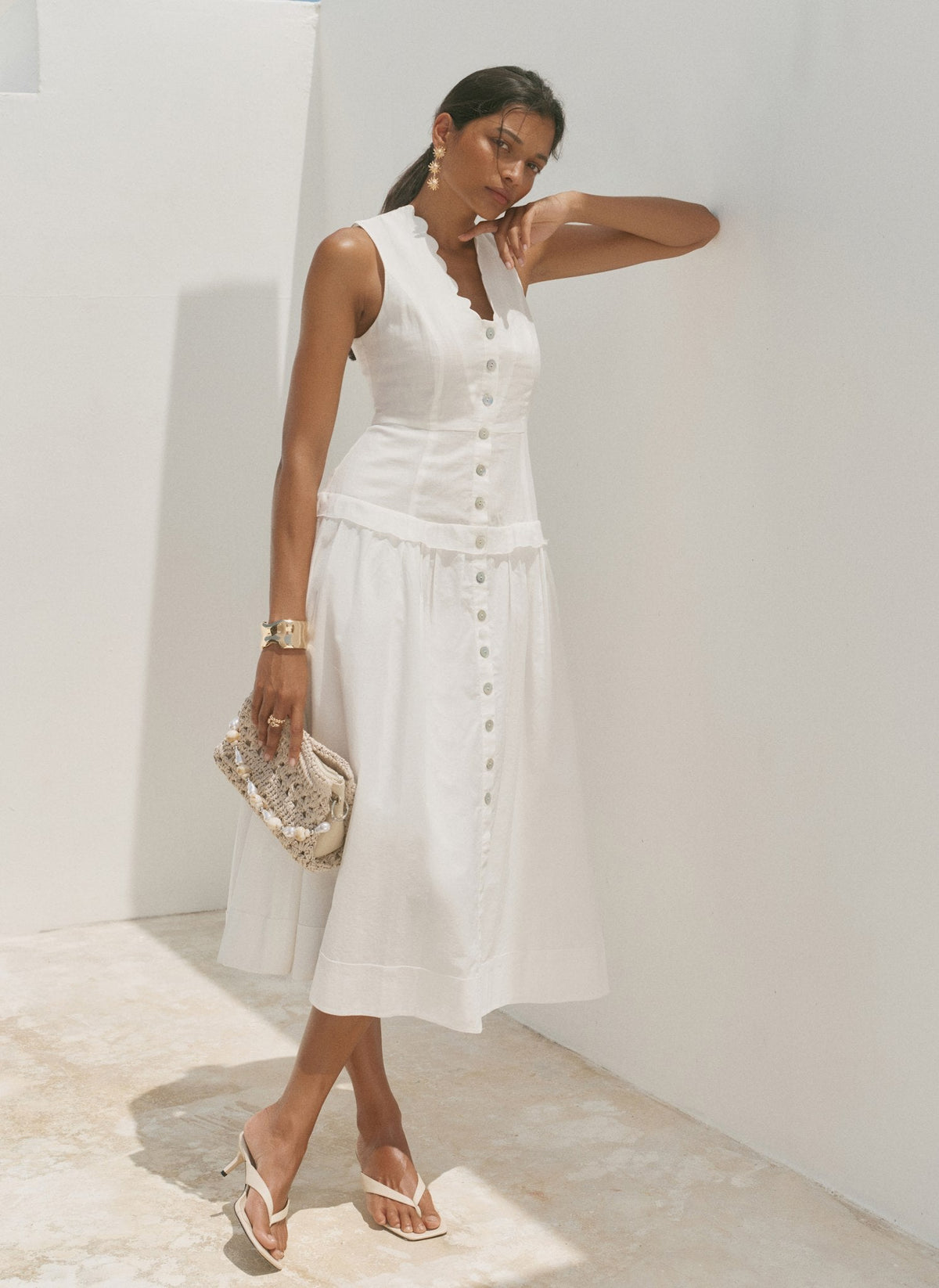White Ramie Drop Waist Midi Dress