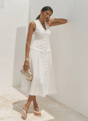 White Ramie Drop Waist Midi Dress