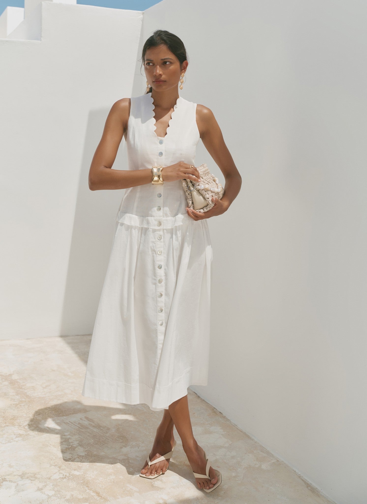 White Ramie Drop Waist Midi Dress