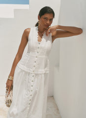 White Ramie Drop Waist Midi Dress