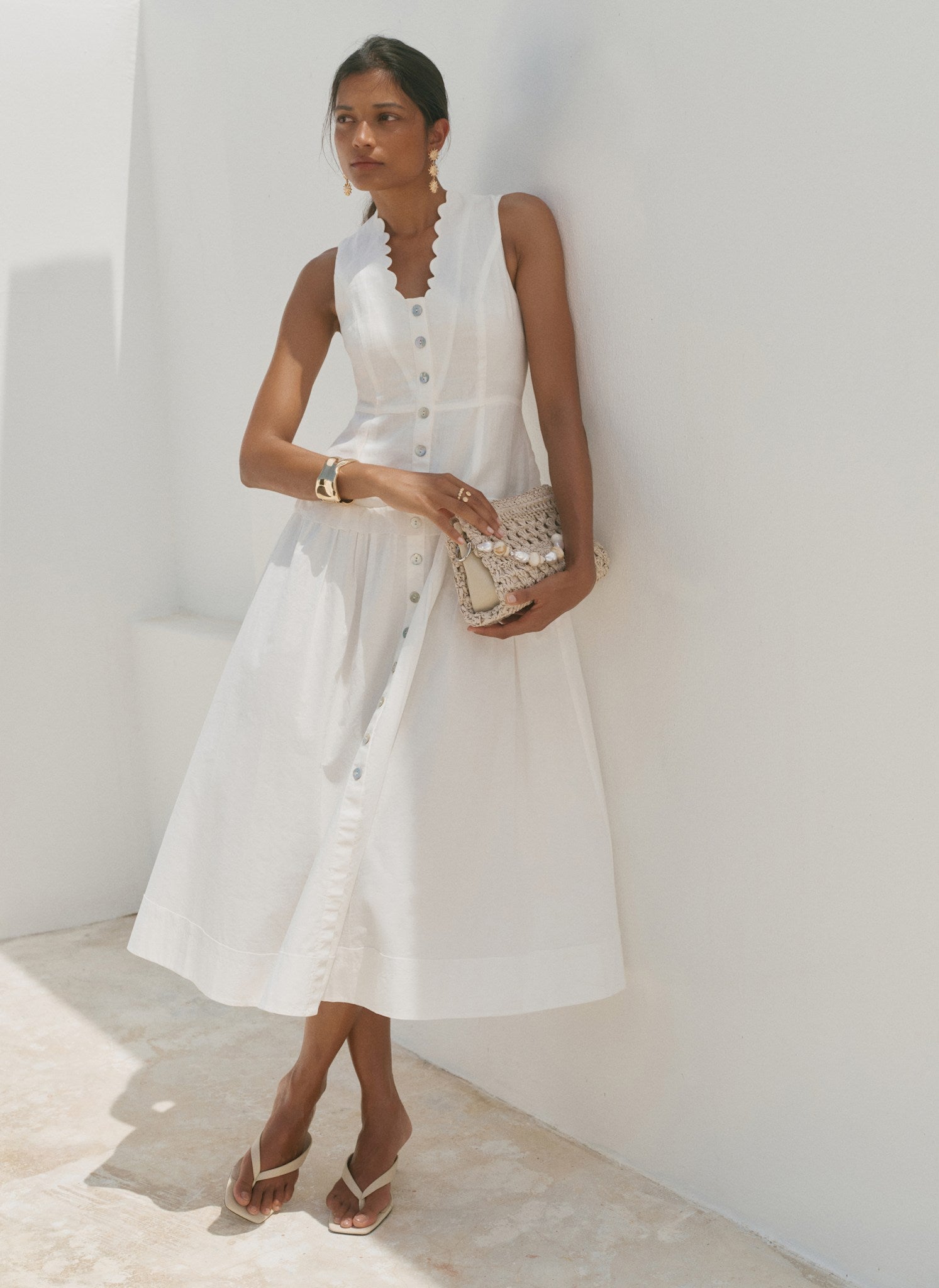 White Ramie Drop Waist Midi Dress