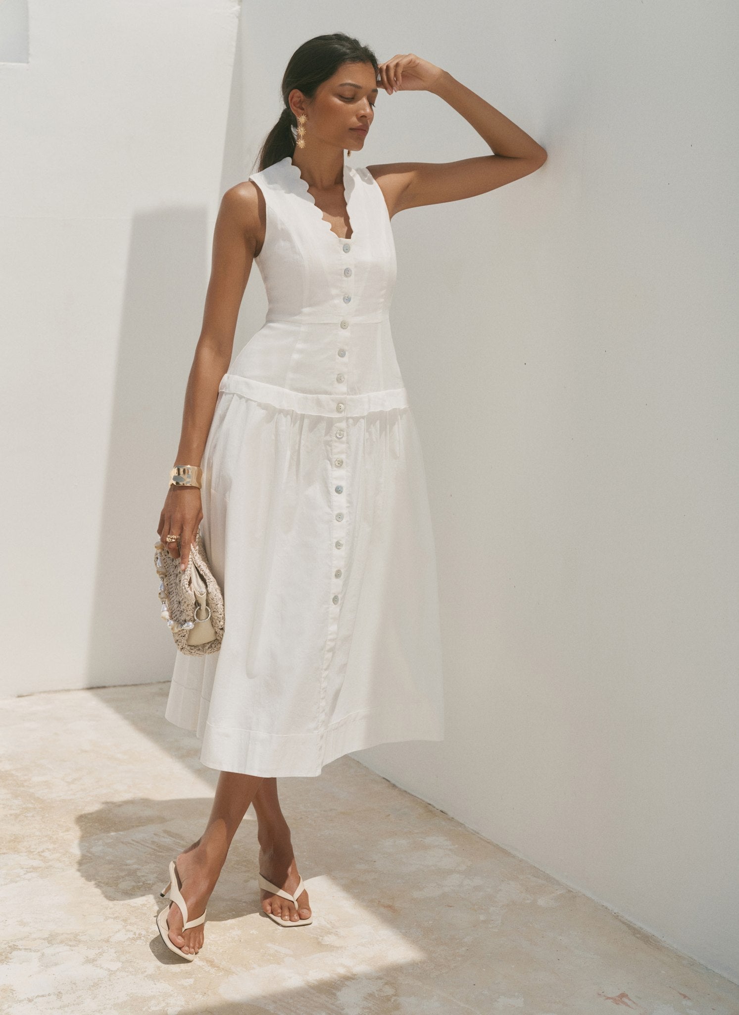 White Ramie Drop Waist Midi Dress