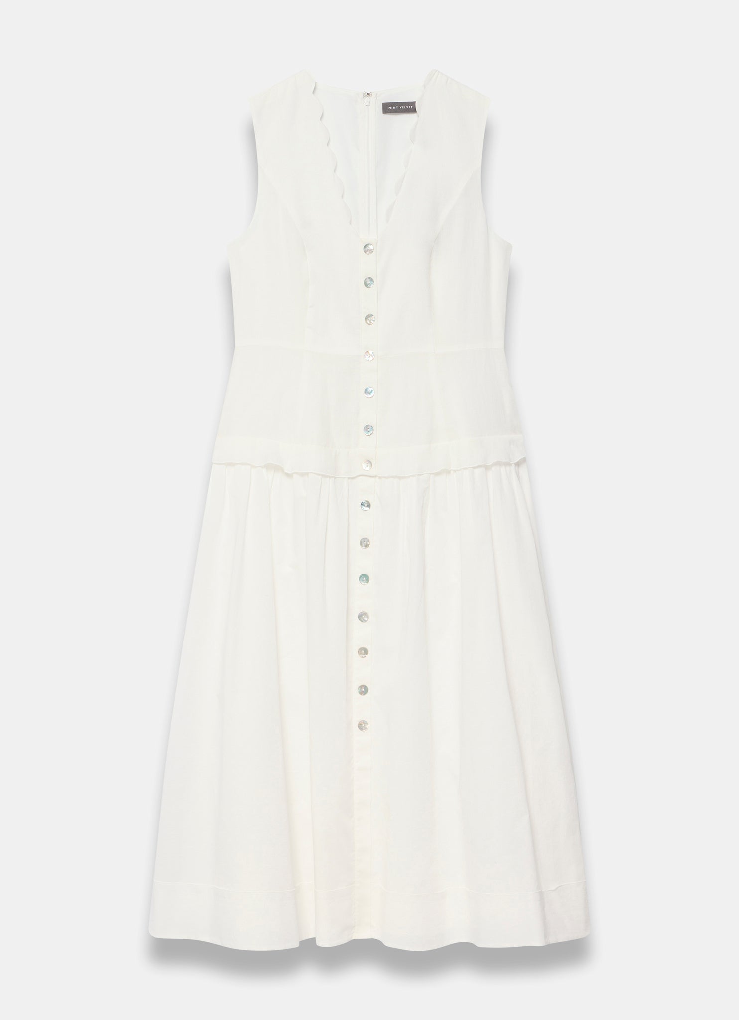 White Ramie Drop Waist Midi Dress