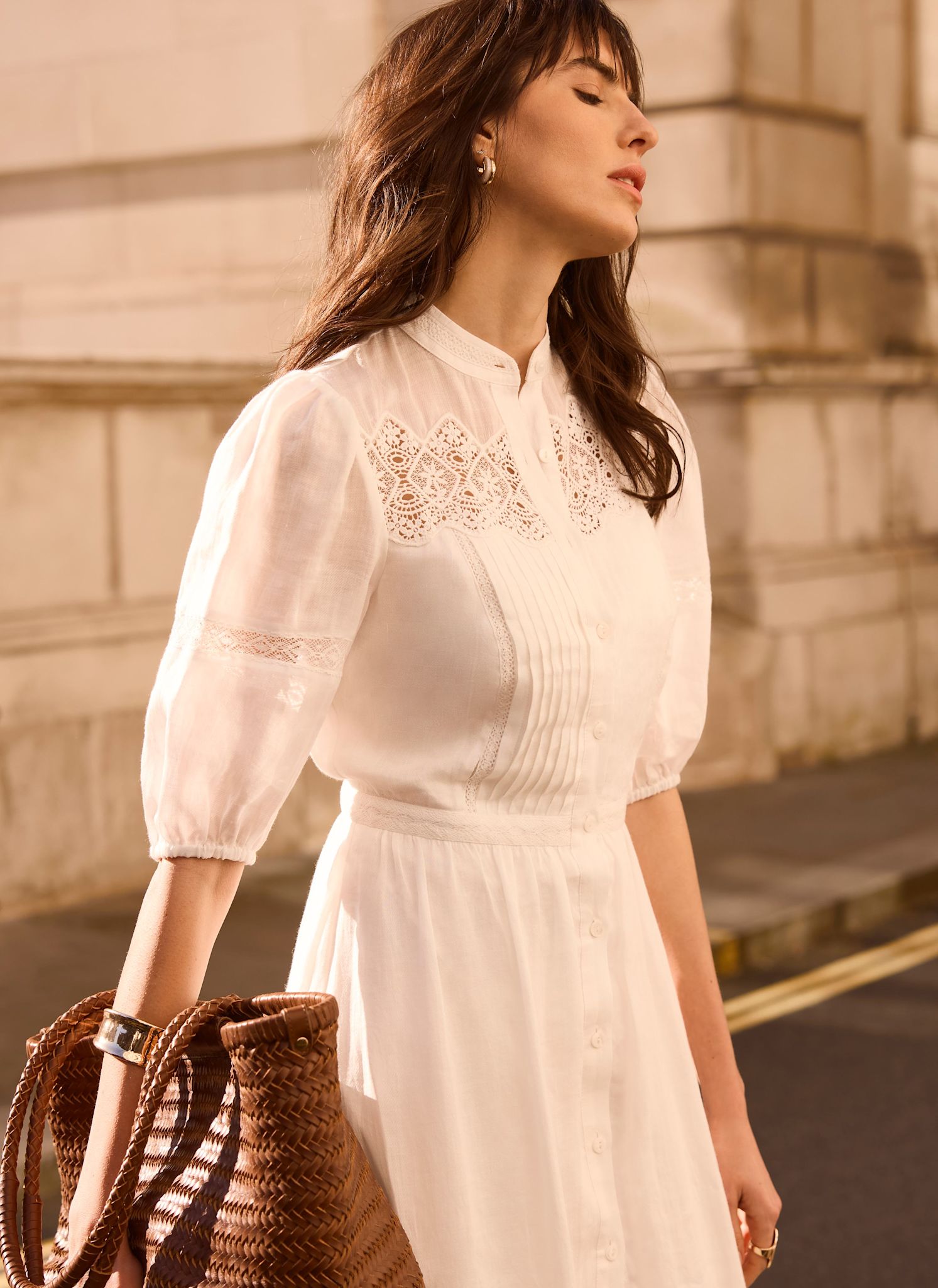 White Lace Detail Ramie Midi Dress