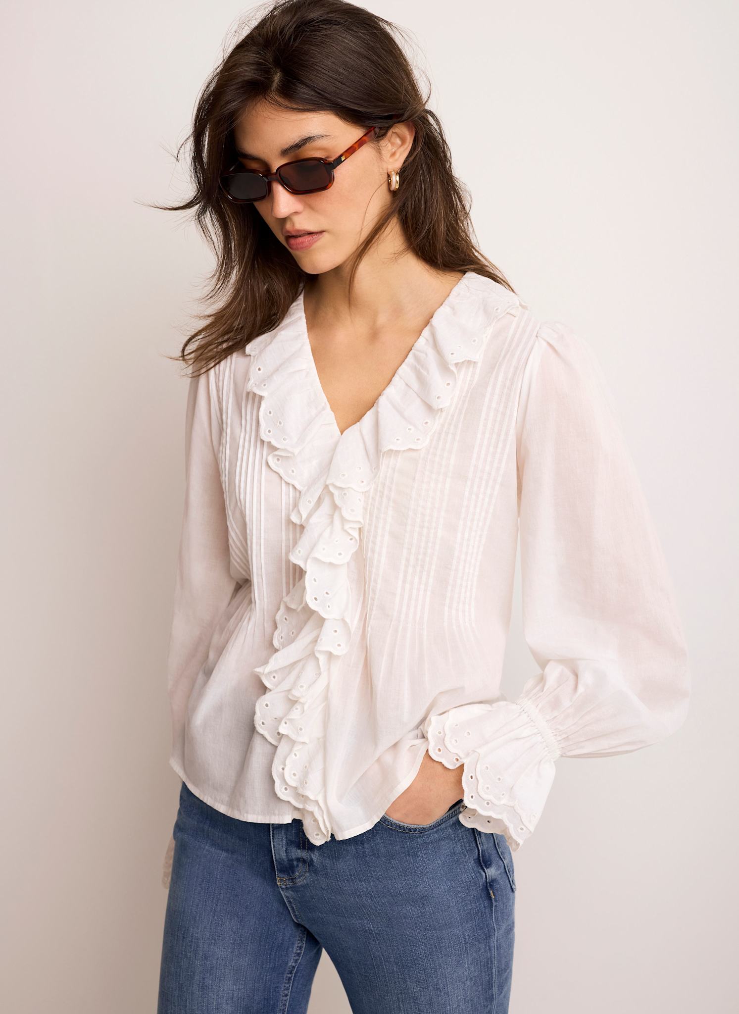 White Cotton Ruffle Trim Blouse