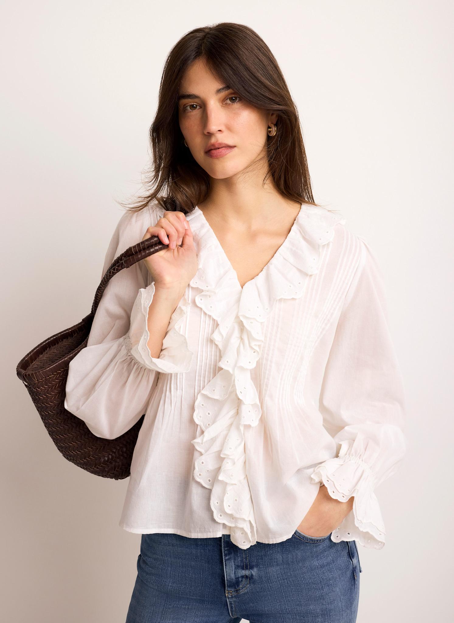 White Cotton Ruffle Trim Blouse