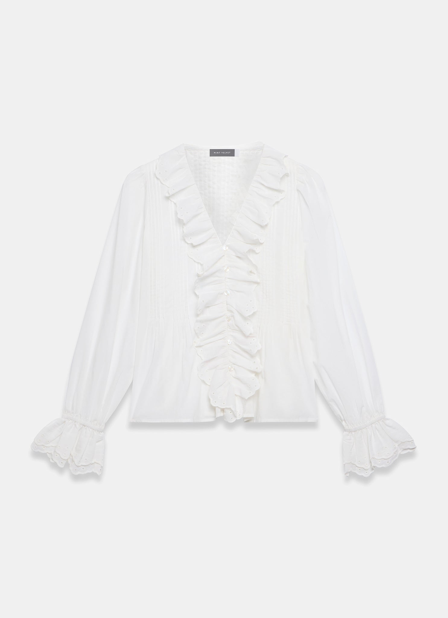 White Cotton Ruffle Trim Blouse