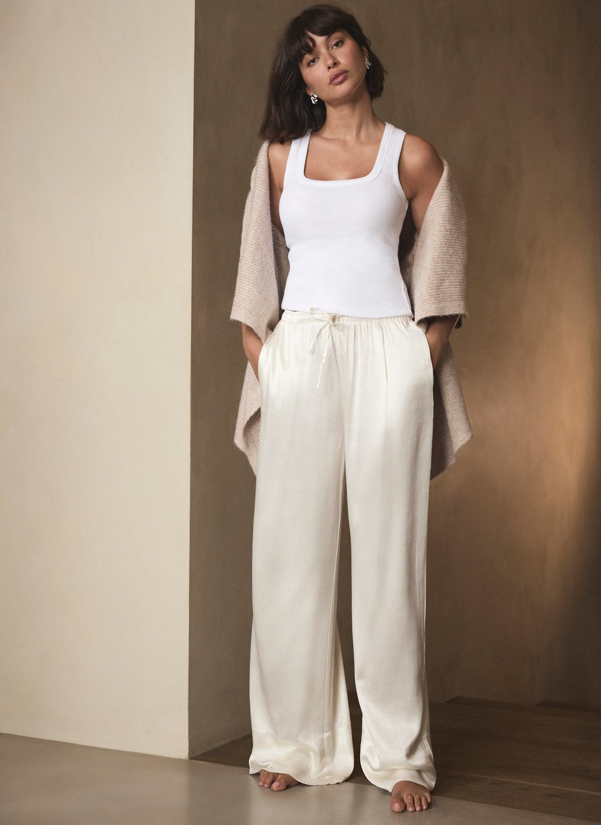 Cream Satin Wide Leg Trouser