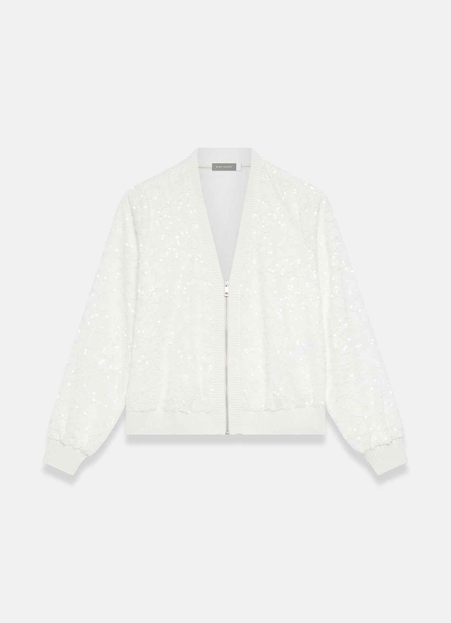 White Sequin Bomber Jacket