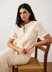 Neutral Cotton Sequin Floral Crochet Top