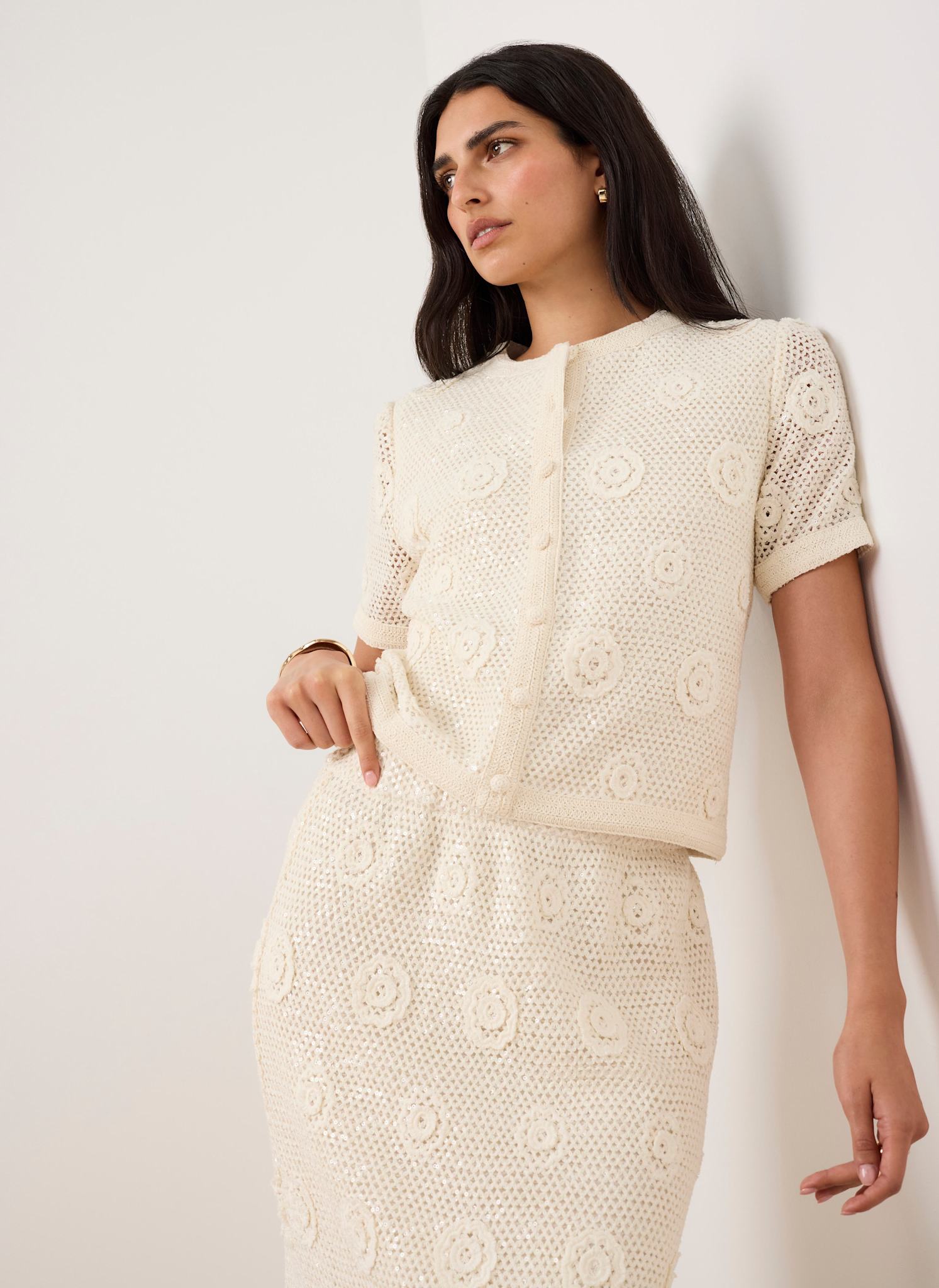 Neutral Cotton Sequin Floral Crochet Top