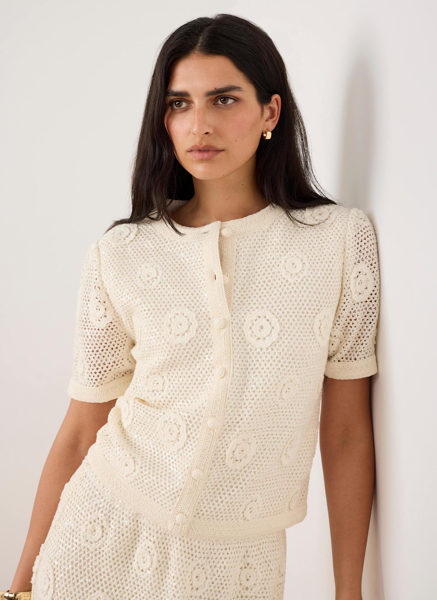 Neutral Cotton Sequin Floral Crochet Top