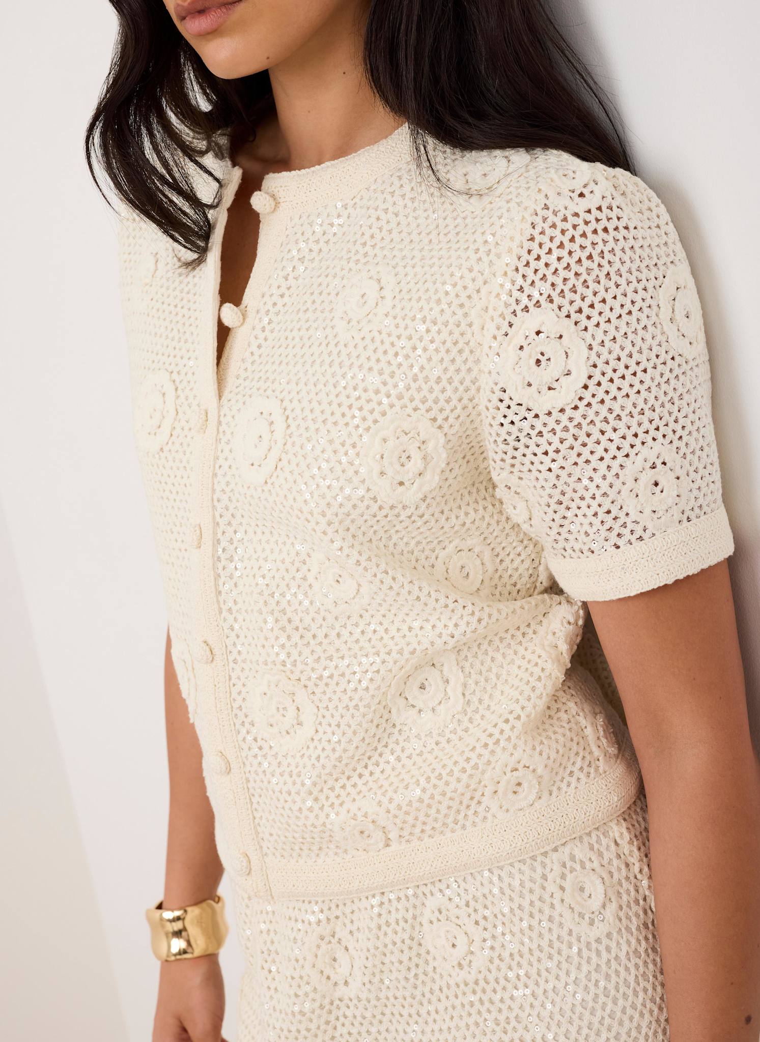 Neutral Cotton Sequin Floral Crochet Top