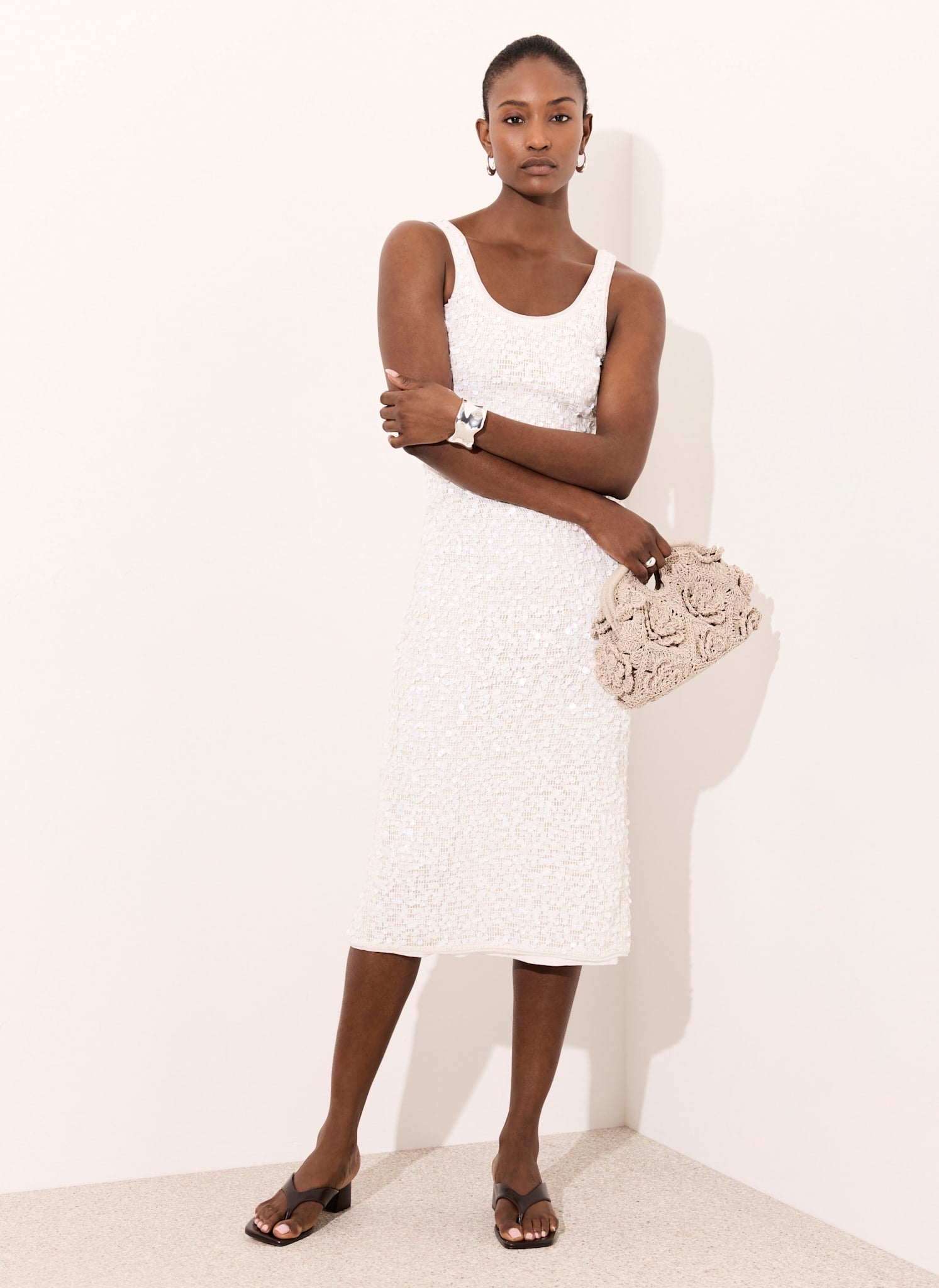 White Sequin Mesh Midi Dress