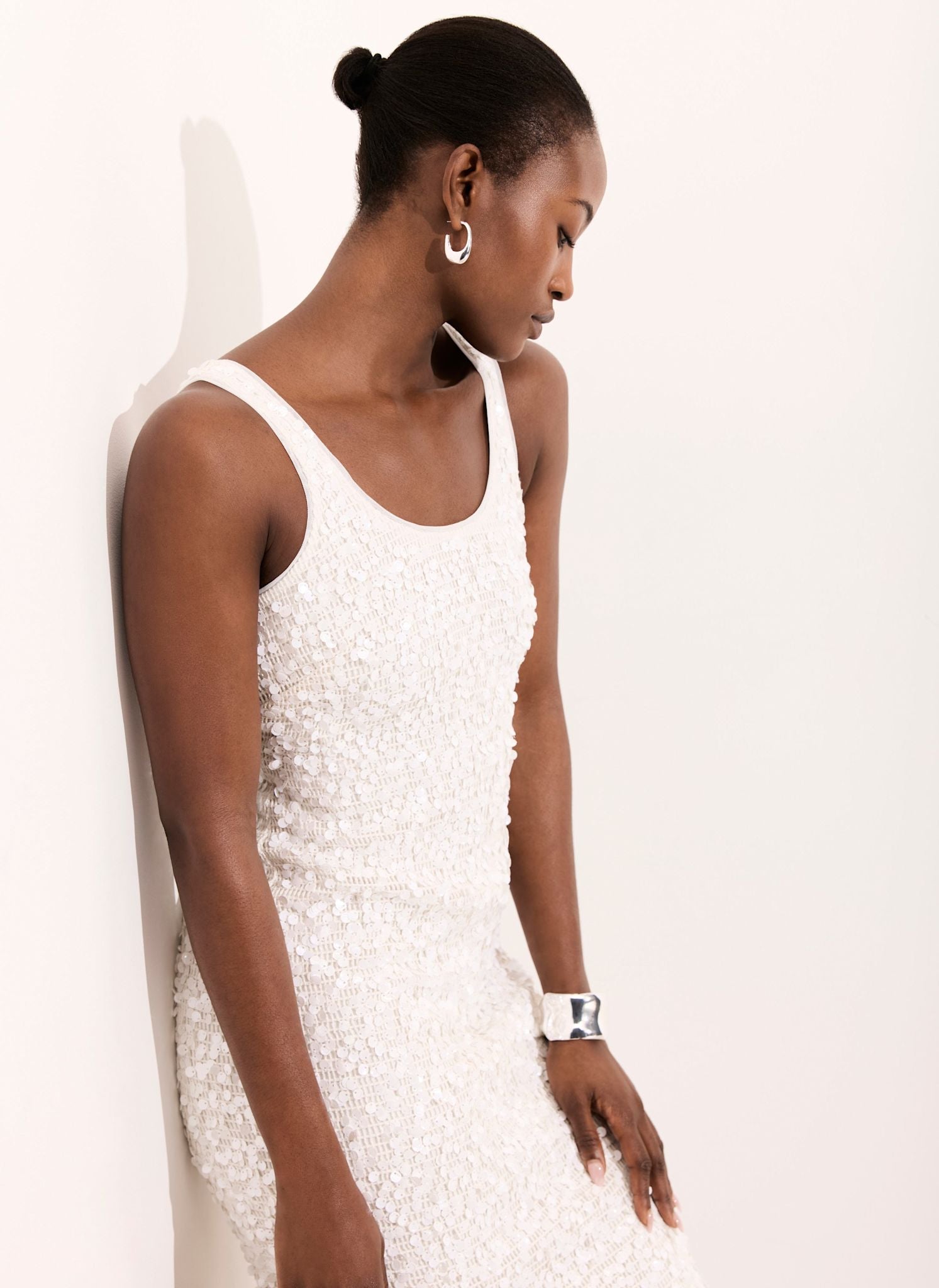 White Sequin Mesh Midi Dress