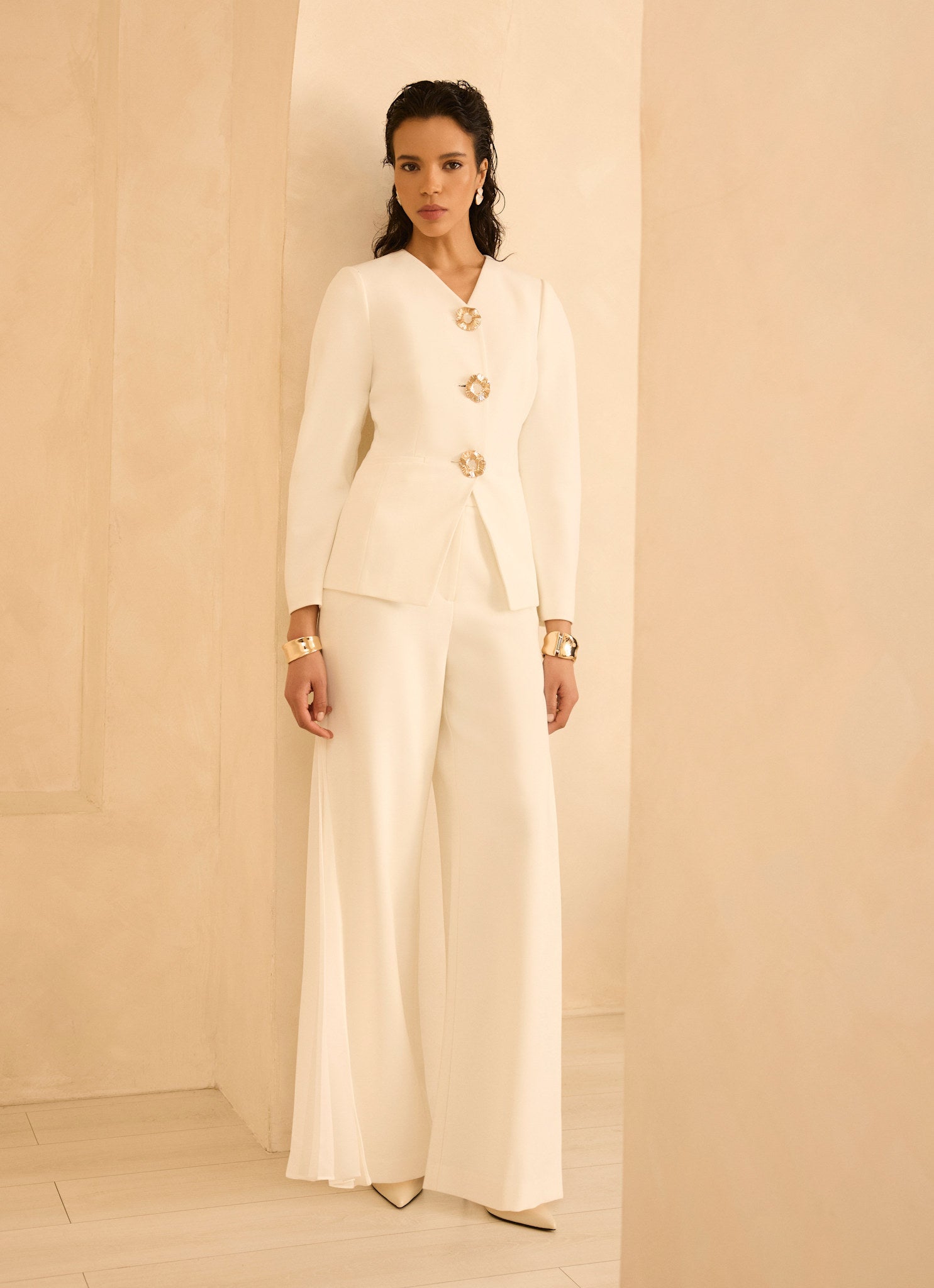 Cream Pleat Detail Trousers