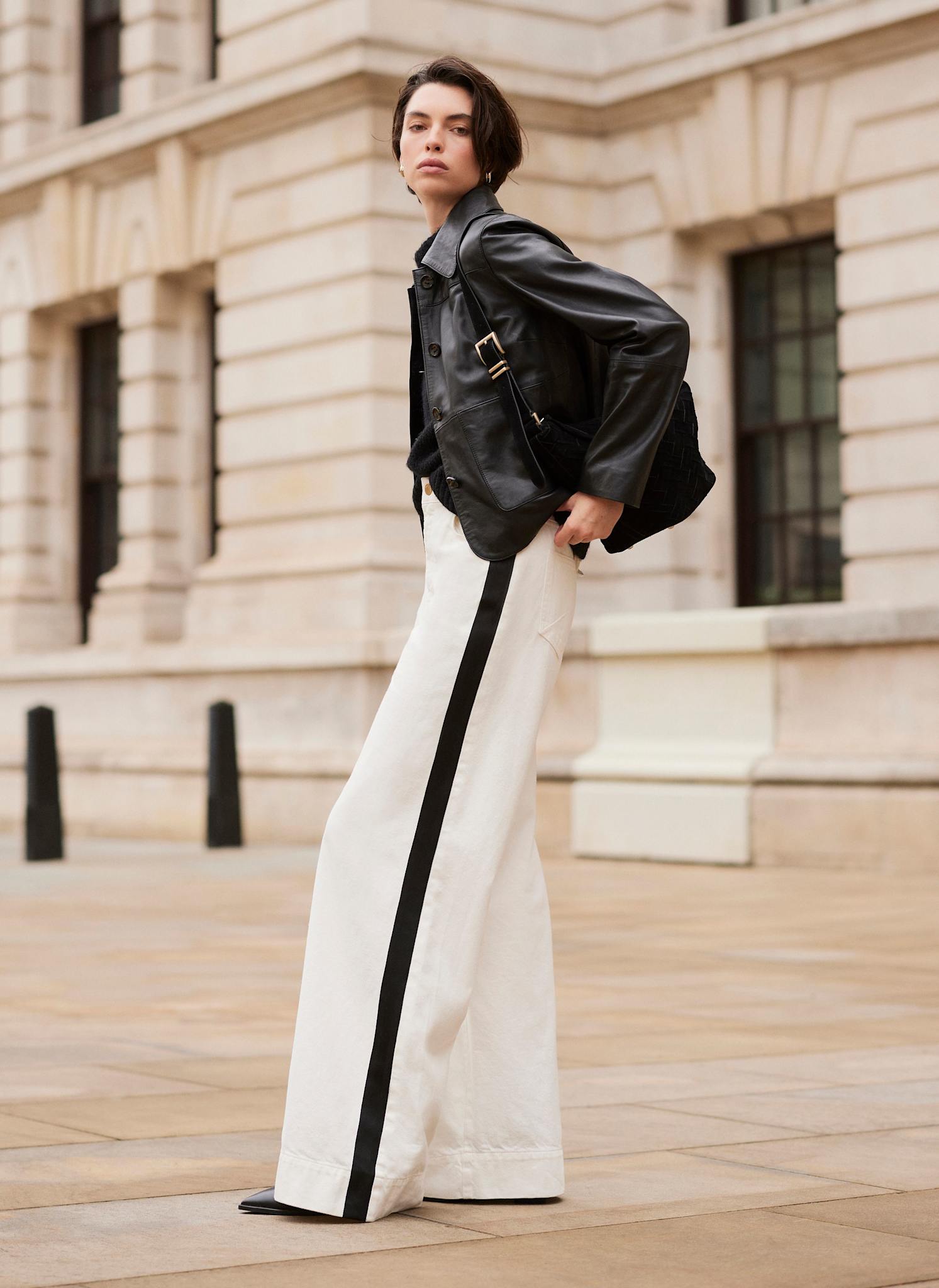 Cream Side Stripe Wide Jeans