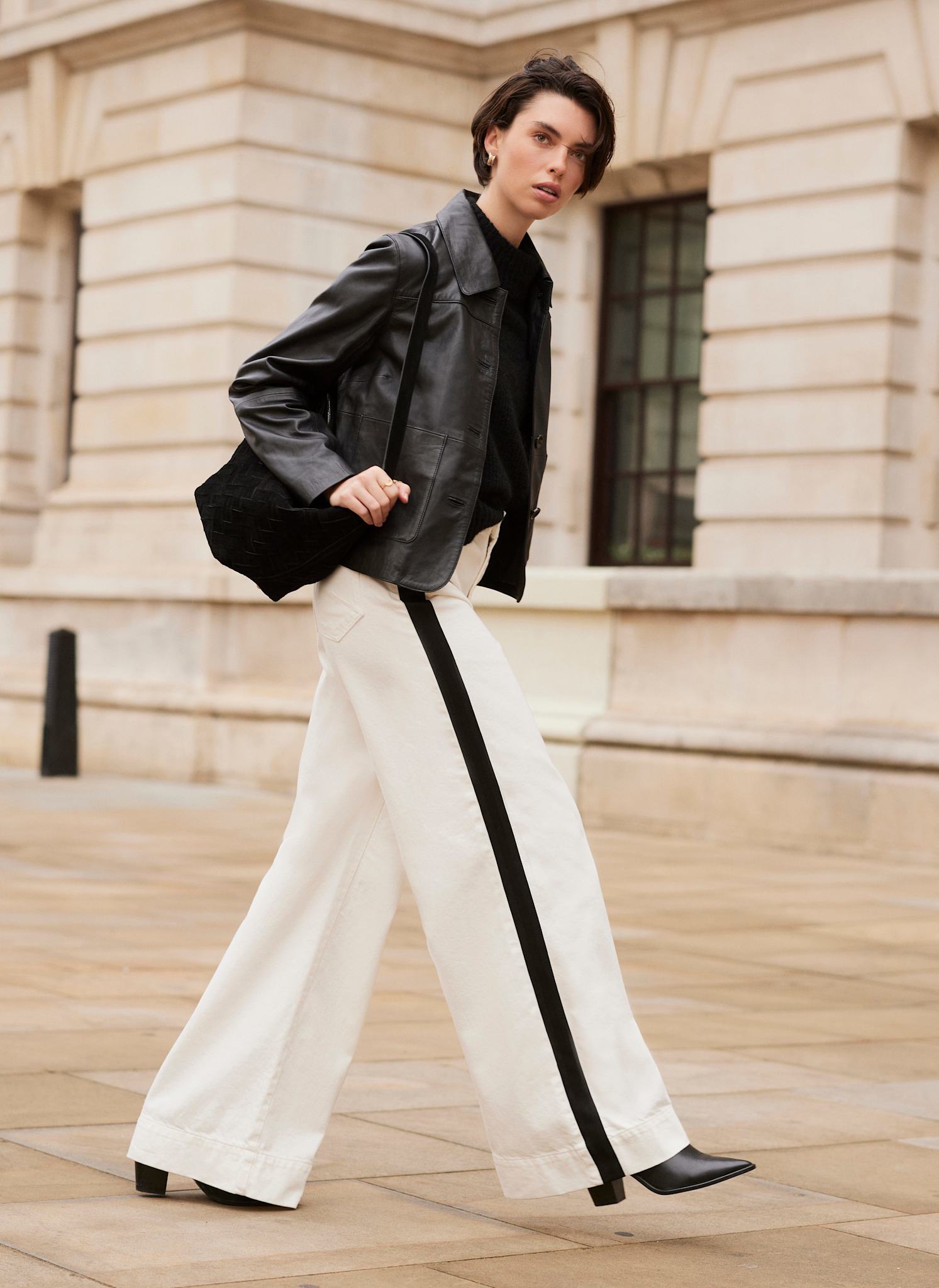 Cream Side Stripe Wide Jeans