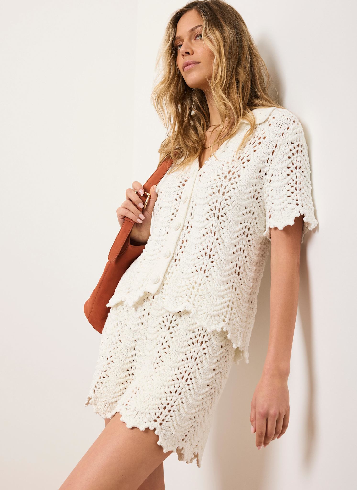 Cream Embellished Crochet Top
