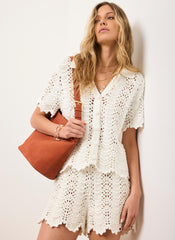Cream Embellished Crochet Shorts