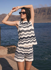 White Striped Knit Cotton Shorts