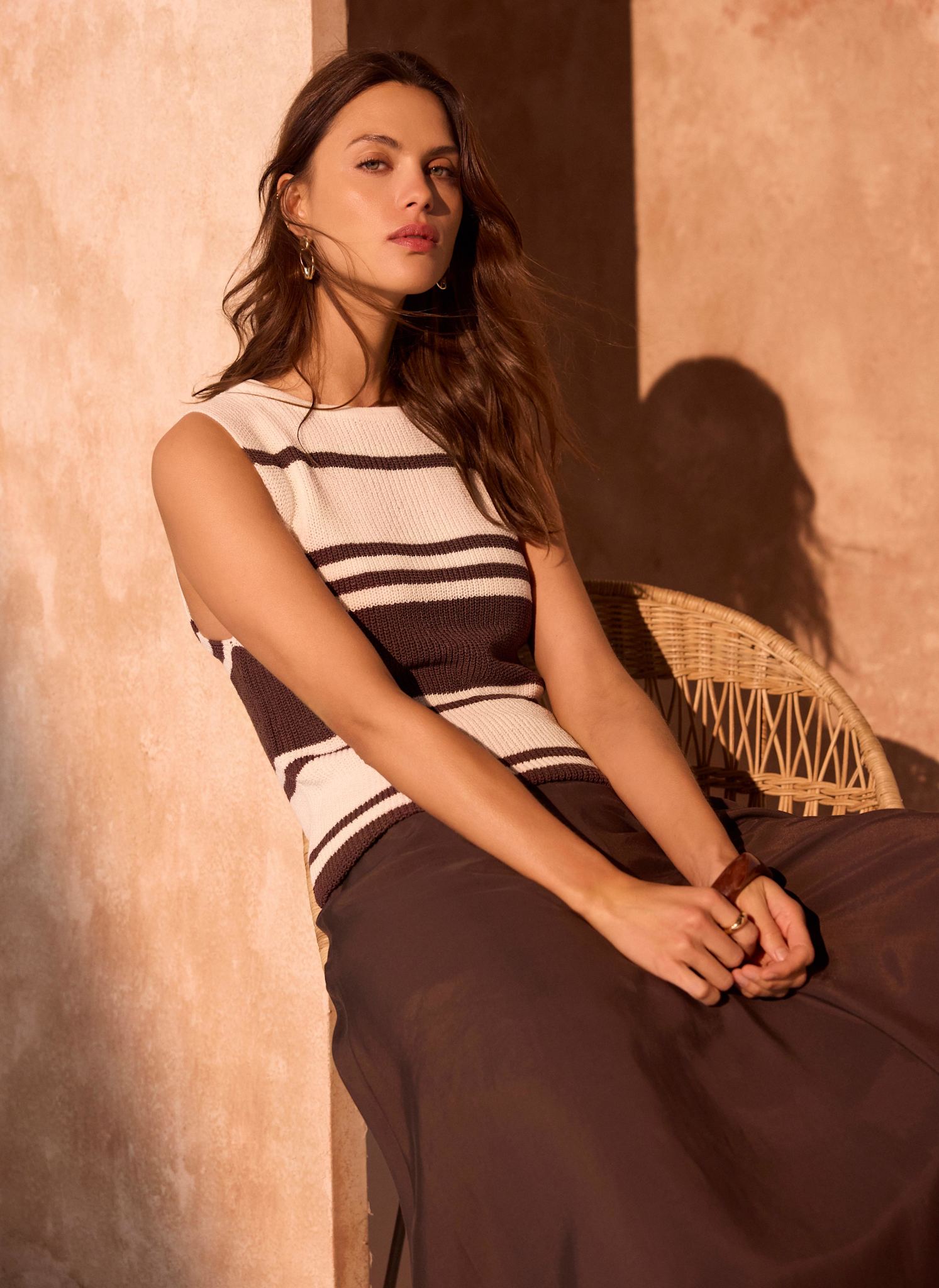 Neutral Cotton Blend Striped Knit Top